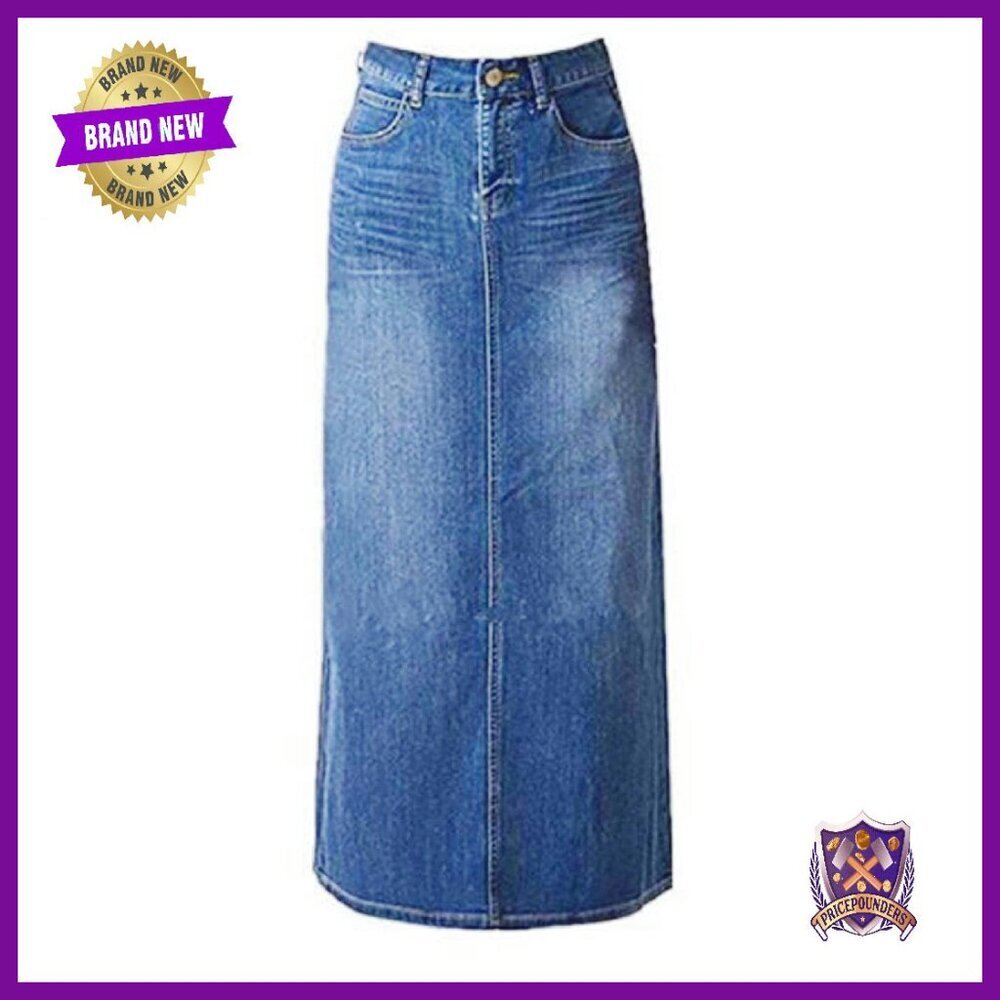 Long Denim Maxi Skirt High Waisted Stretch A-Line with Pockets